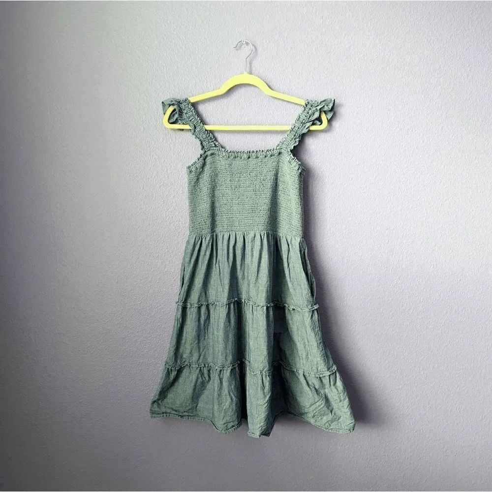 Re-Imagined by J. Crew Dress Denim Mini Ruffle Sleeveless Skater Smocked Coastal